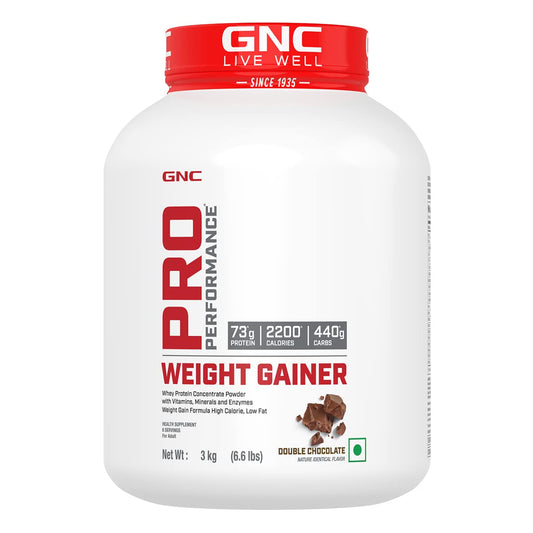 GNC Pro Performance Weight Gainer (Double Chocolate, 3 KG) | Healthy Body Gains | Reduces Muscle Breakdown | Boosts Metabolism | Formulated In USA | 73g Protein | 440g Carbs | 2200 Cal